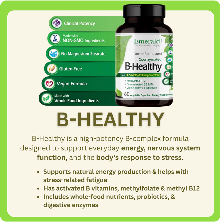 B-Healthy supplement bottle on green background with claim text about energy, stress, and immune support