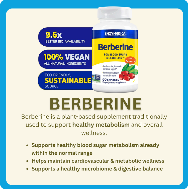 Berberine supplement bottle with berry label, blue background, and claims like vegan, sustainable, and gut health