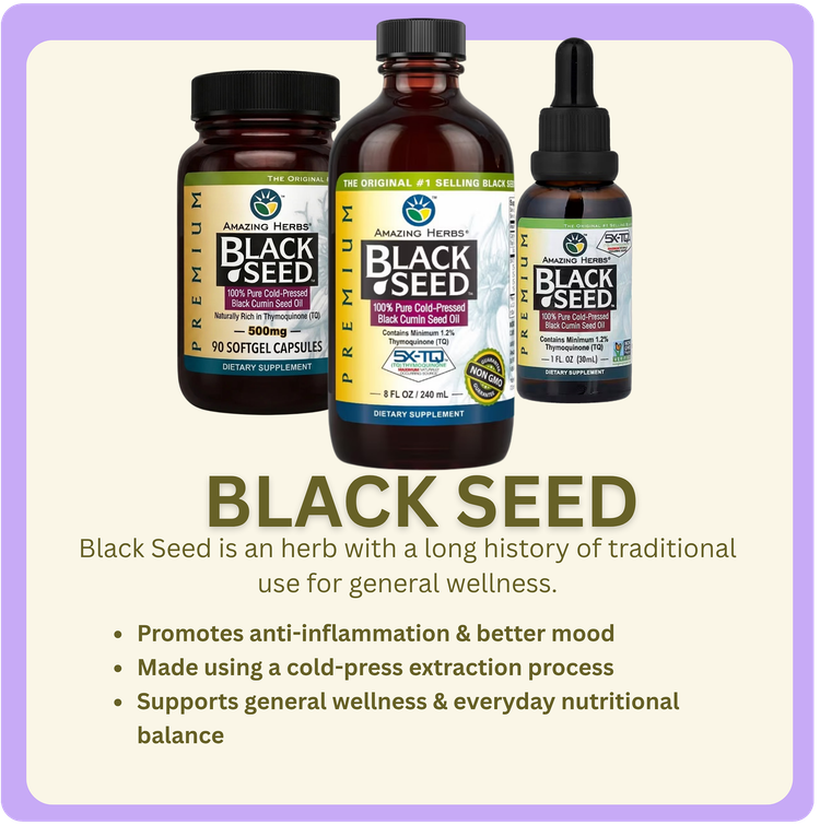 Black seed supplement ad with three brown bottles and text on a cream and purple background