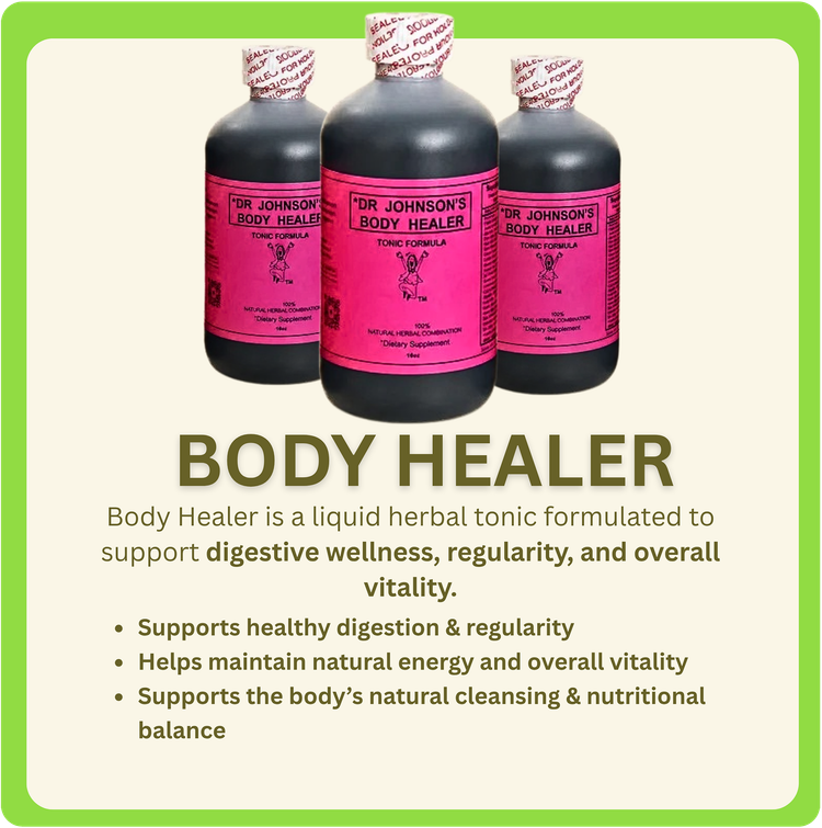 Three pink Body Healer bottles on a green background with product benefits text