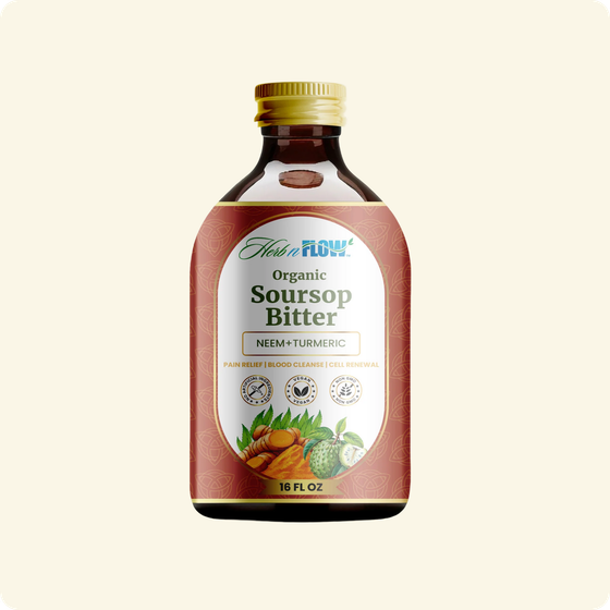 Bottle of Organic Soursop Bitter with a pink label and gold cap on a beige background