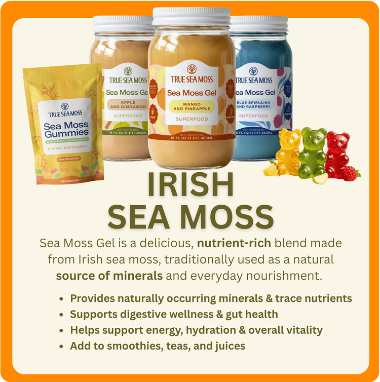 Irish Sea Moss product ad with jars and pouches on a cream background, promoting health benefits