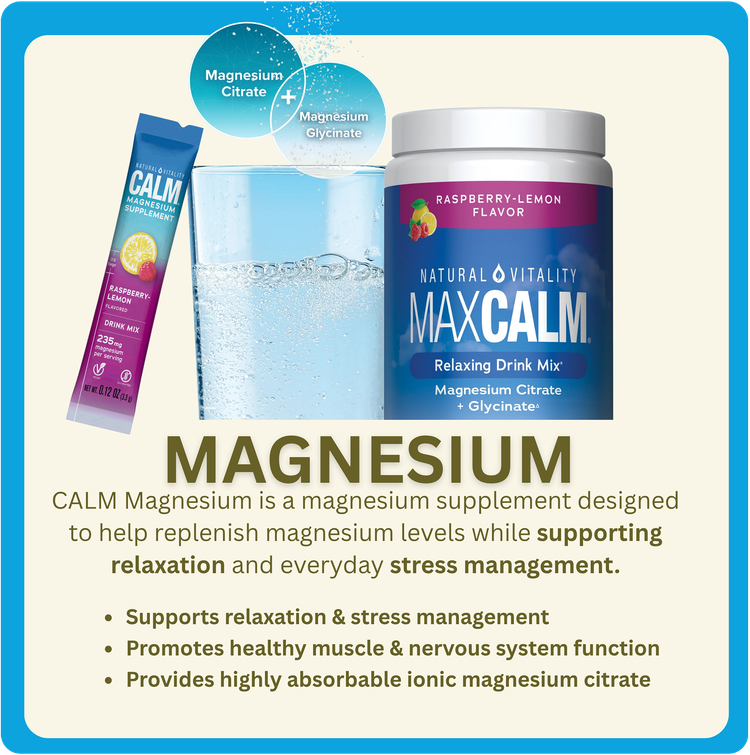 MAGNESIUM supplement ad with MAXCALM jar, drink mix stick, and glass of water on a blue background