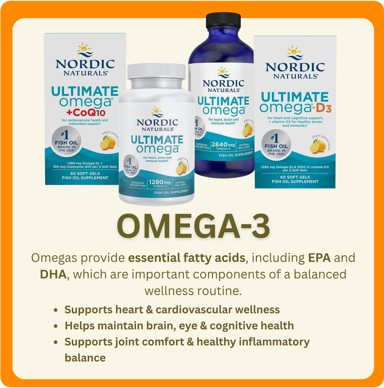Nordic Omega-3 supplement bottles and boxes on white background with orange border and benefit text