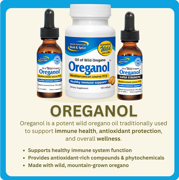Oregano oil supplement ad with two amber dropper bottles flanking a white bottle on a tan background