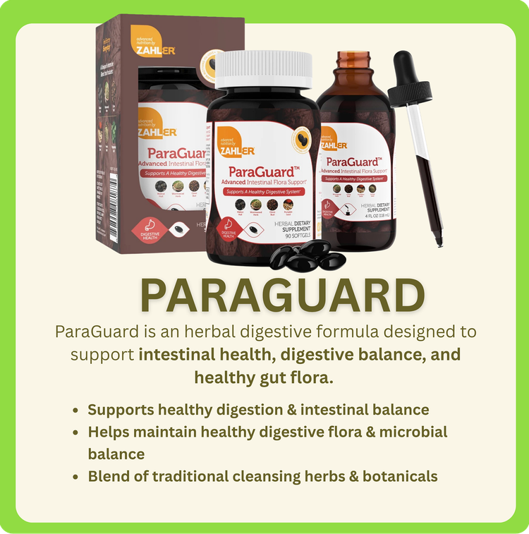 Paraguard supplement set with bottle, dropper, and box on green background, promoting digestive and intestinal health
