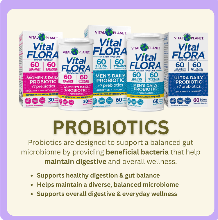 Assorted Vital Flora probiotic bottles on a beige background with “PROBIOTICS” text and health benefit bullets