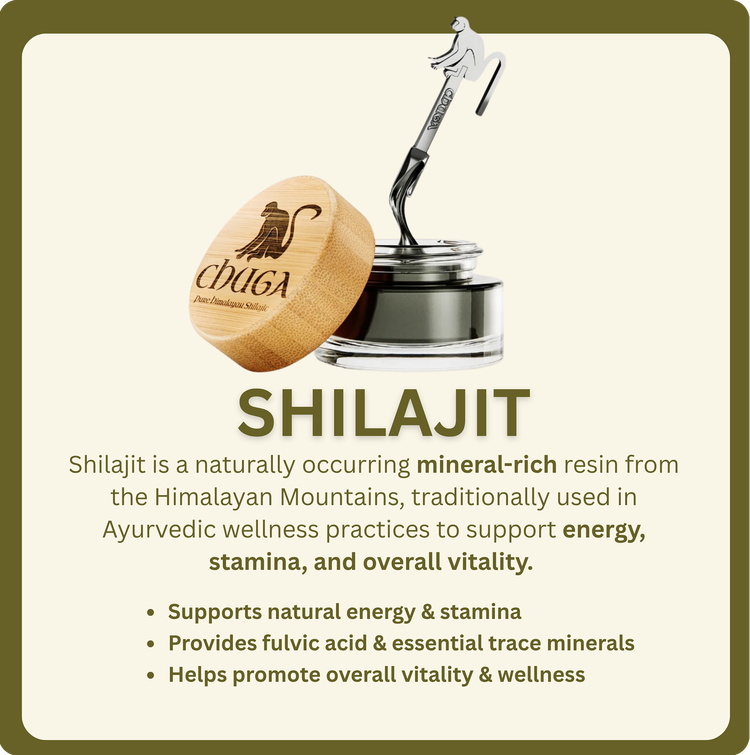 Shilajit product ad with resin jar, spoon, and wooden lid on beige background, promoting energy and vitality
