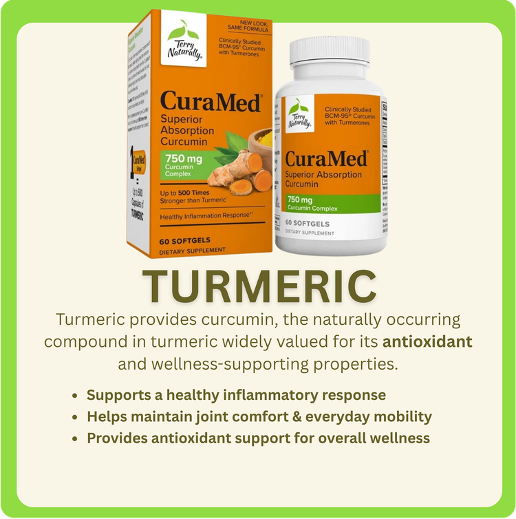 CuraMed turmeric supplement bottle and box on green background with benefits listed