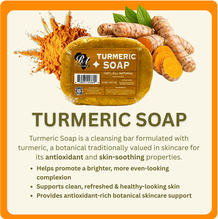 Turmeric soap package with turmeric roots and powder on a cream background, labeled “TURMERIC SOAP”