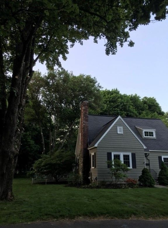 House with green siding, brick chimney, and dark roof, framed by trees. Evening light.
