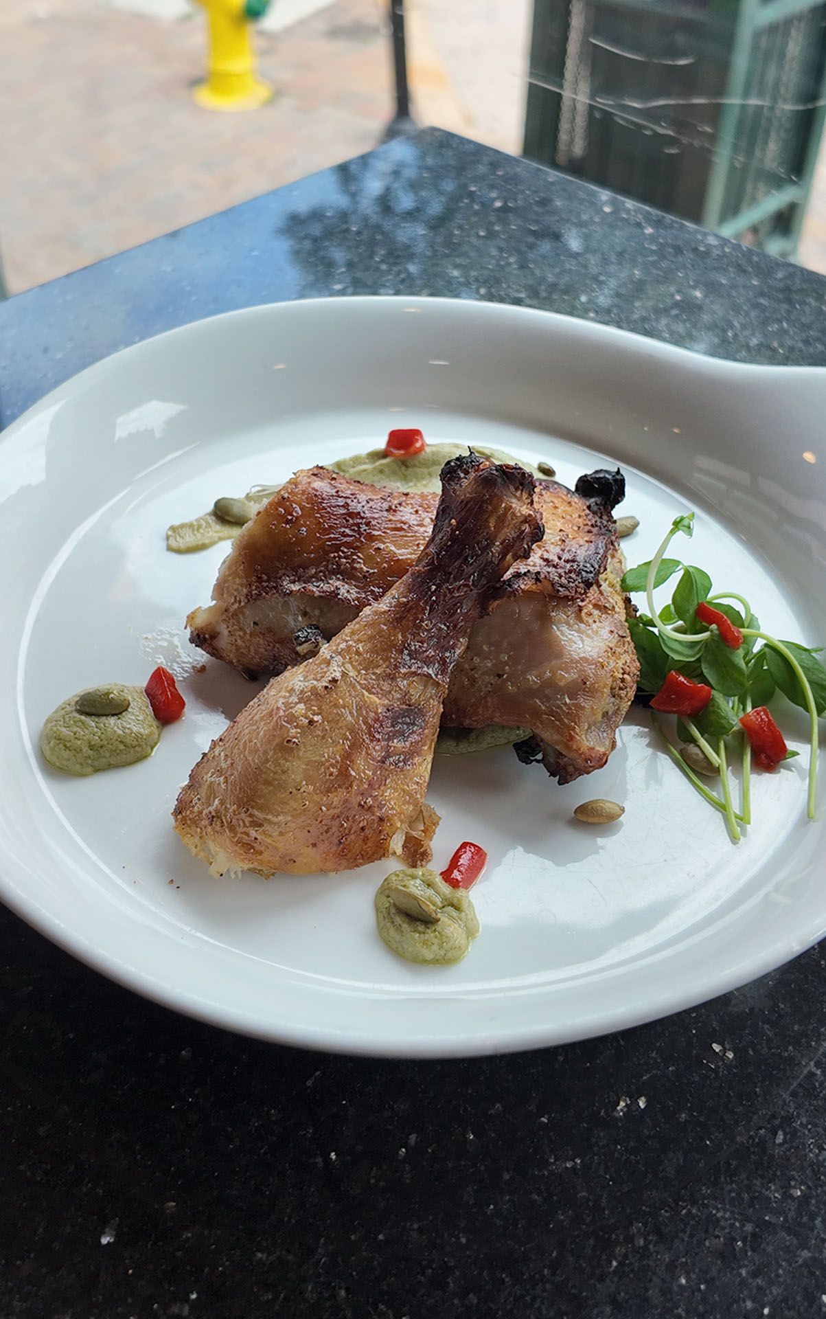Plated grilled meat with sauce and herbs