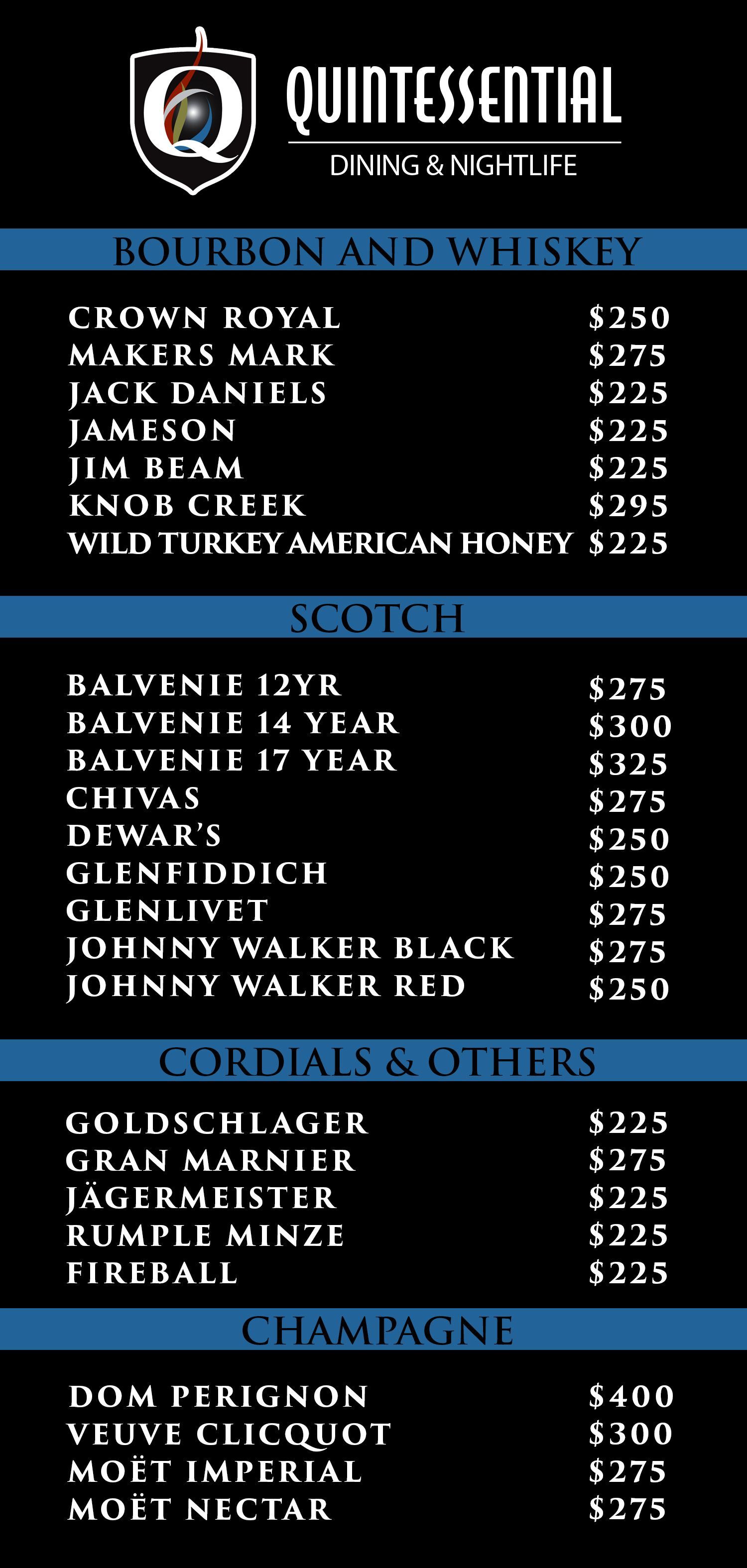 Quintessential Q menu with teal and black drink list and prices for cocktails, wine, champagne, and nonalcoholic drinks