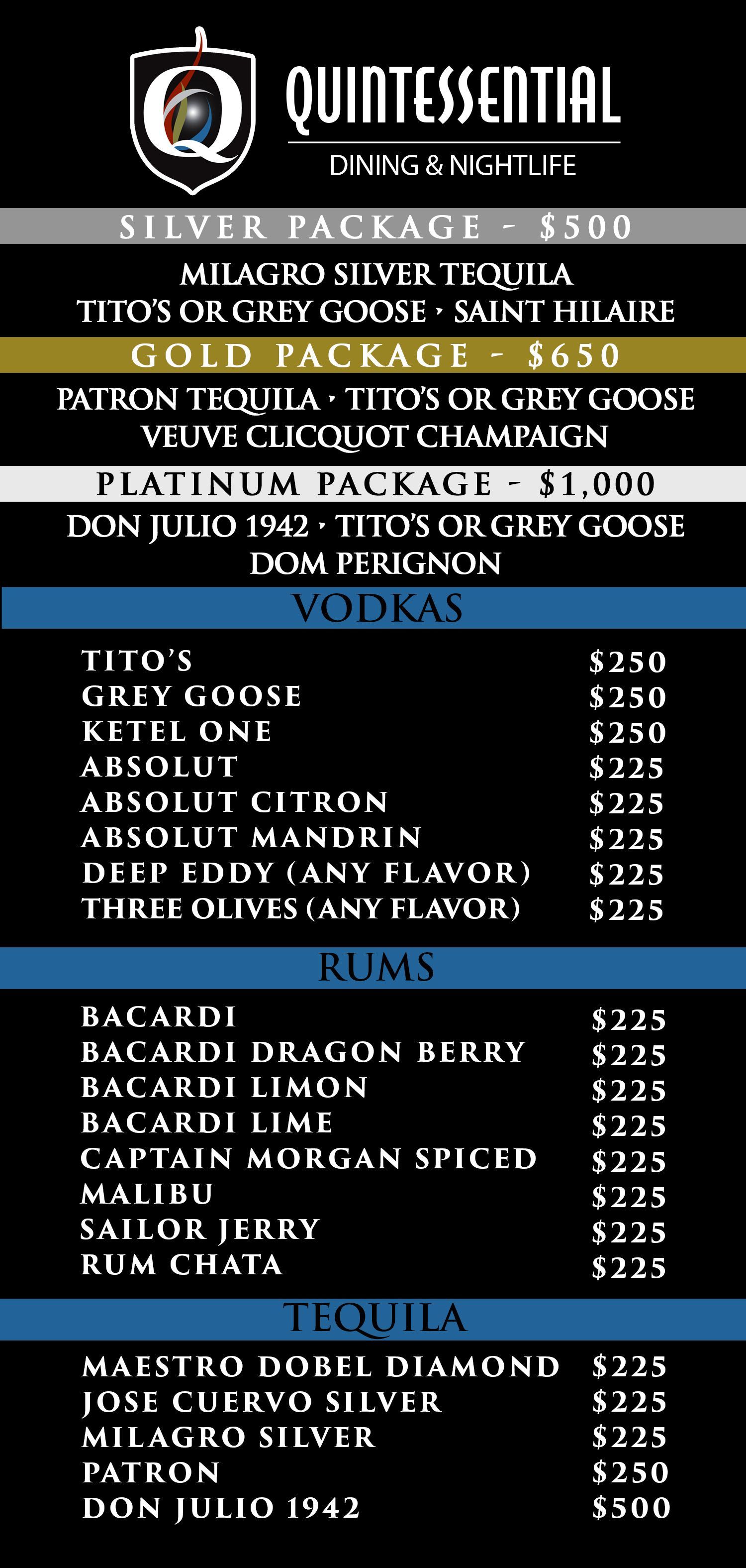 Quintessential nightclub drinks menu with bottles, vodka, ciders, rums, beers, and tequila on a black background