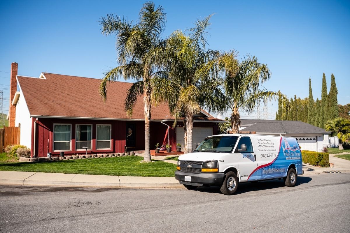 White service van parked in front of a red house with palm trees on a sunny day.