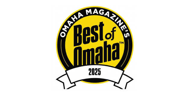Best of Omaha 2025 award badge in black, yellow, and white with ribbon banner