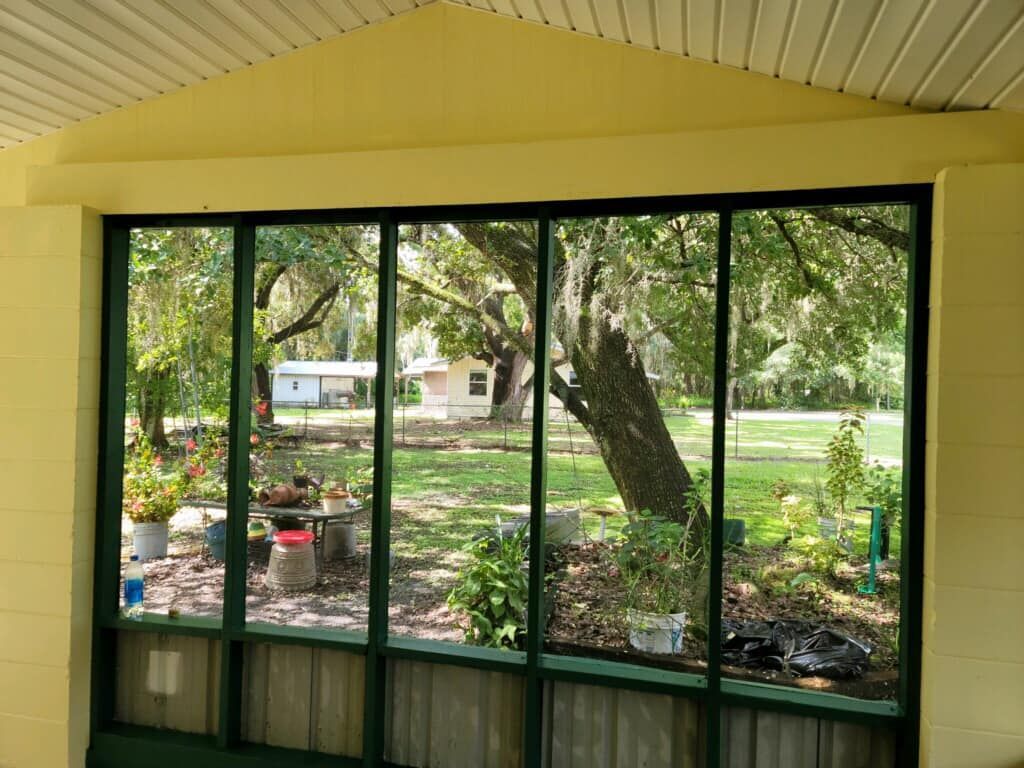 Green-framed windows offer a view of a lush backyard with a large tree, plants, and a small house in the distance.