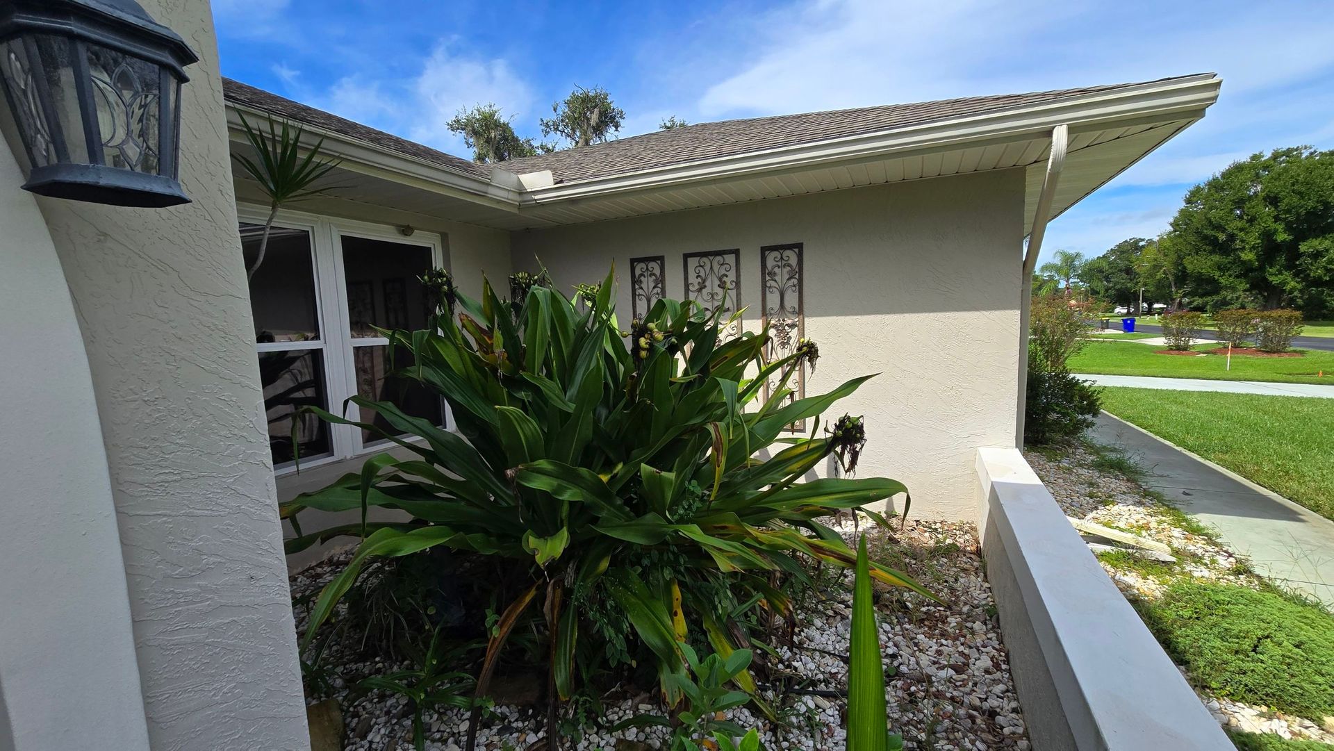 Exterior view of a house with stucco walls, tile roof, and landscaping. A large green plant is in front.