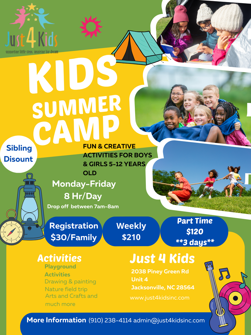 Kids summer camp flyer with photos of children hiking and playing, yellow-green design, weekday and part-time options