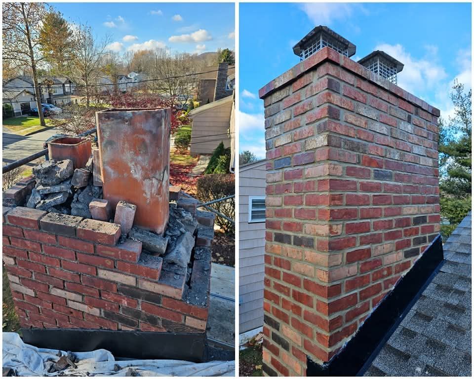 Chimney repair: Left shows demolition; right shows rebuilt brick chimney with caps, against a blue sky.