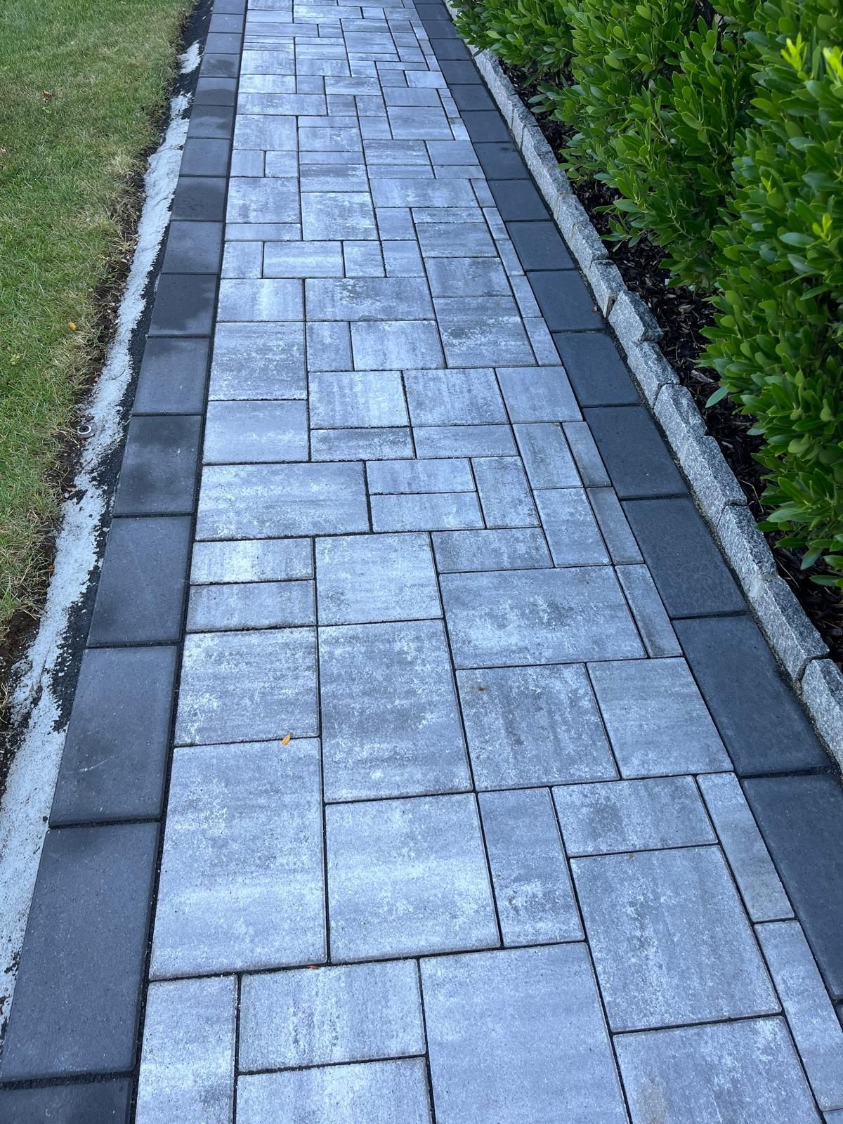 A paved walkway with gray and black rectangular stones between grass and bushes.