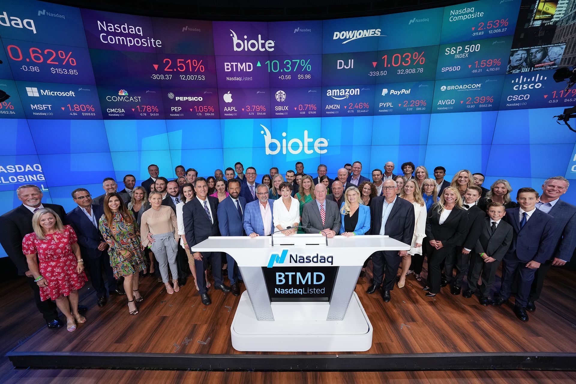 A group of people standing in front of a sign that says biote