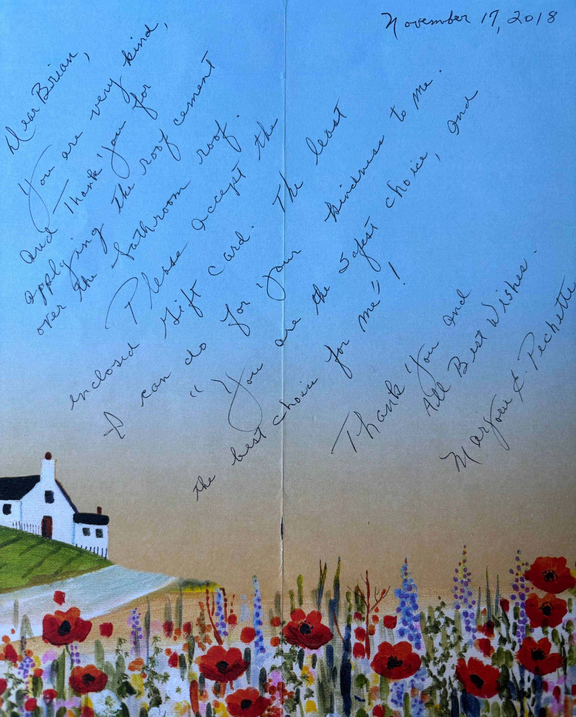Letter with handwriting on blue gradient background; watercolor of cottage, flowers.