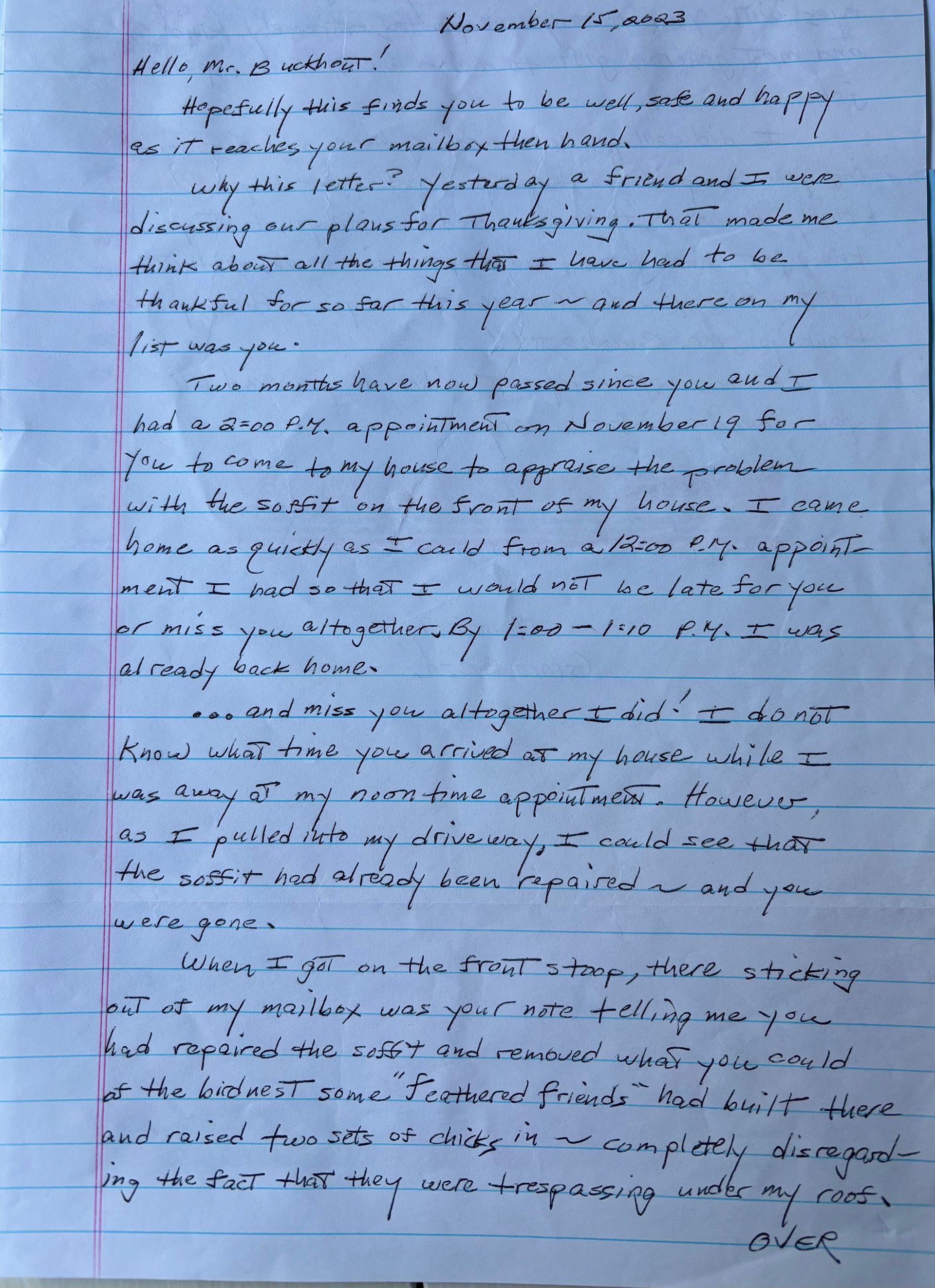 Handwritten letter on lined paper. Black ink. Text is addressed to 