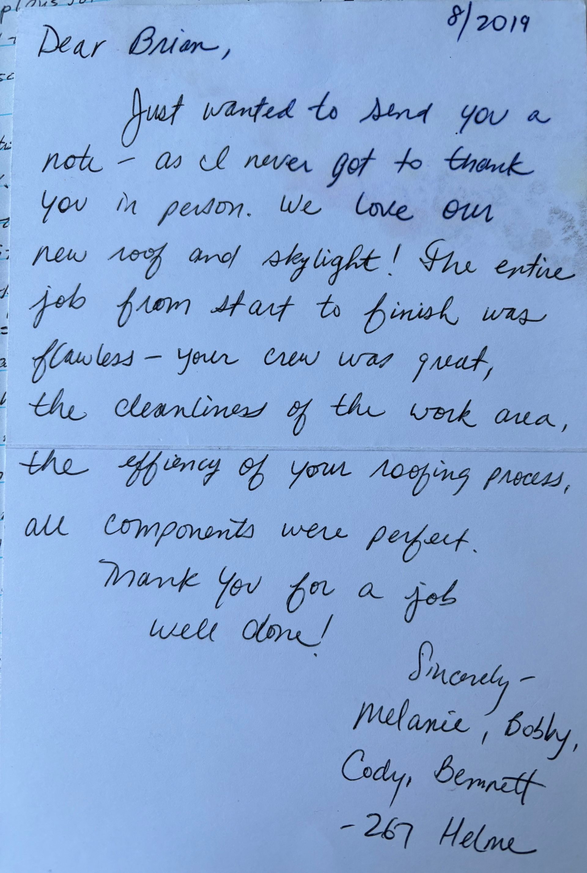 Handwritten thank you note to Brion, commending on new roof and skylight work.