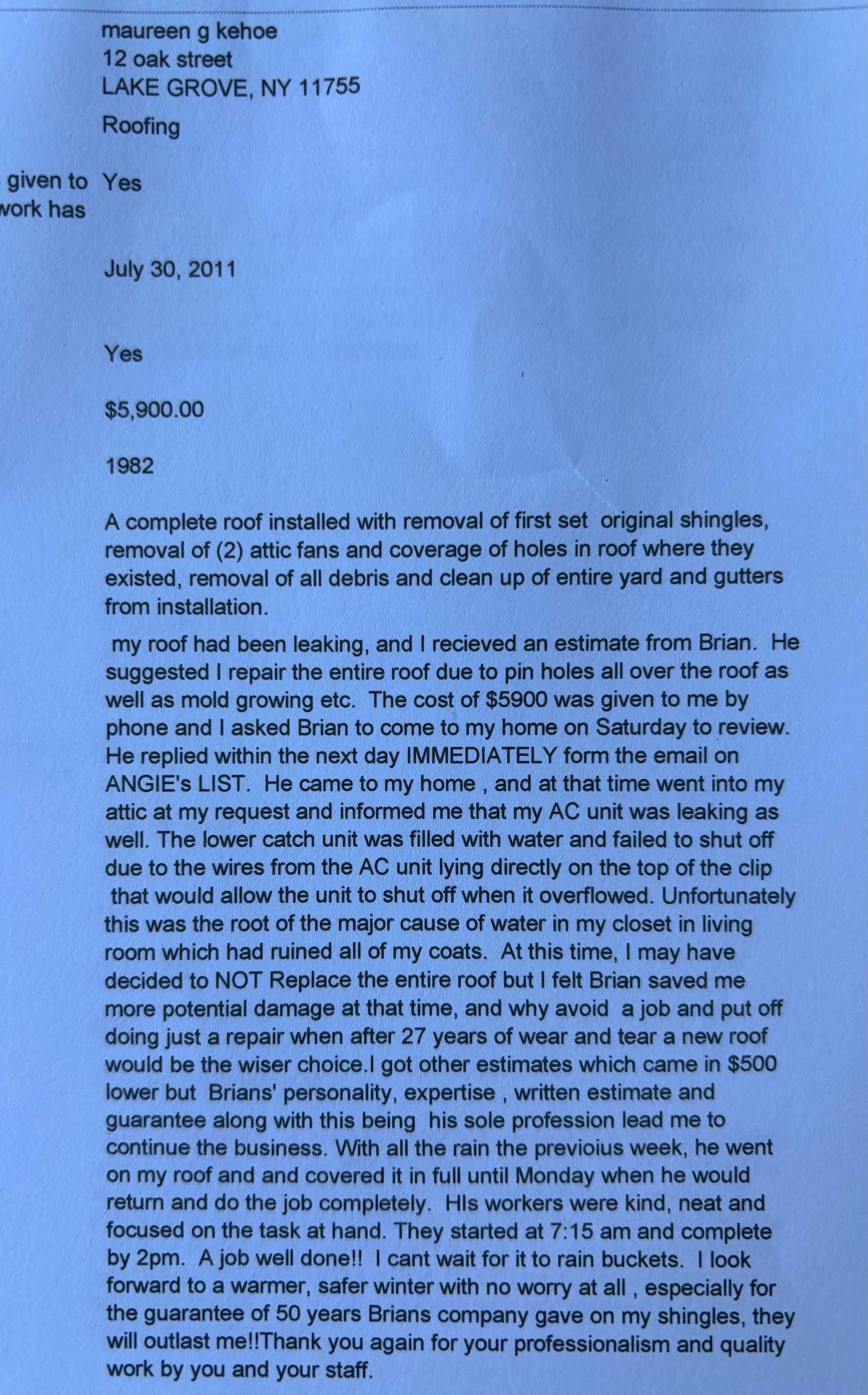 Letter dated July 30, 2011, from Lake Grove, NY, with handwritten and typed content, on blue paper.