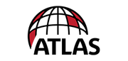 Logo of ATLAS with a globe design, red and black.