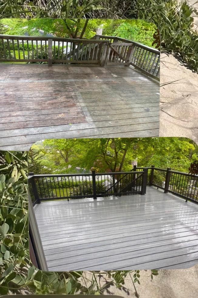 Wooden deck before and after pressure washing, showing a cleaned gray surface and railings.