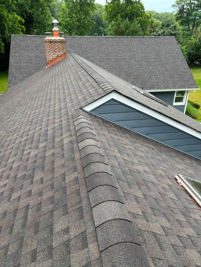 Roof shingles with a chimney and dormer on a house surrounded by trees