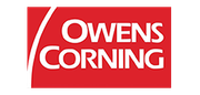 Owens Corning logo: White text on a red background with a white curved line.