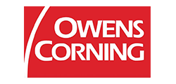 Owens Corning logo: White text on a red background with a white curved line.