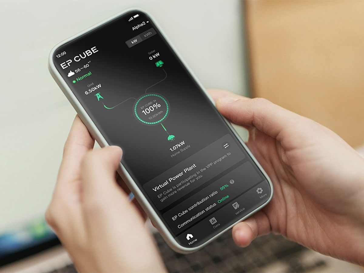 Hands holding a smartphone showing a dark-themed fitness app with a workout timer and stats.
