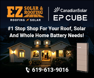 EZ Solar & Roofing ad for Canadian Solar EP Cube home battery, with lit house and phone number 619-613-9016