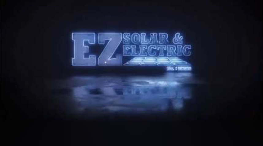 Blue neon “EZ Solar & Electric” logo on a dark background with a reflective glow