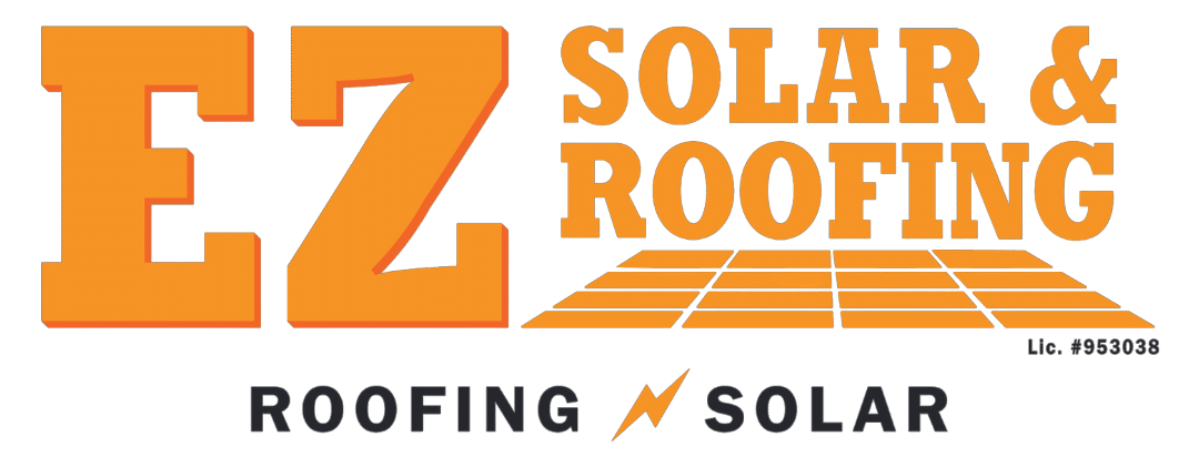 EZ Solar & Roofing logo in orange and black with roof and lightning bolt icon