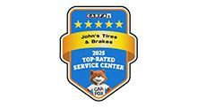 2025 CARFAX Top-Rated Service Center badge for John’s Tire & Brake, blue and gold shield logo