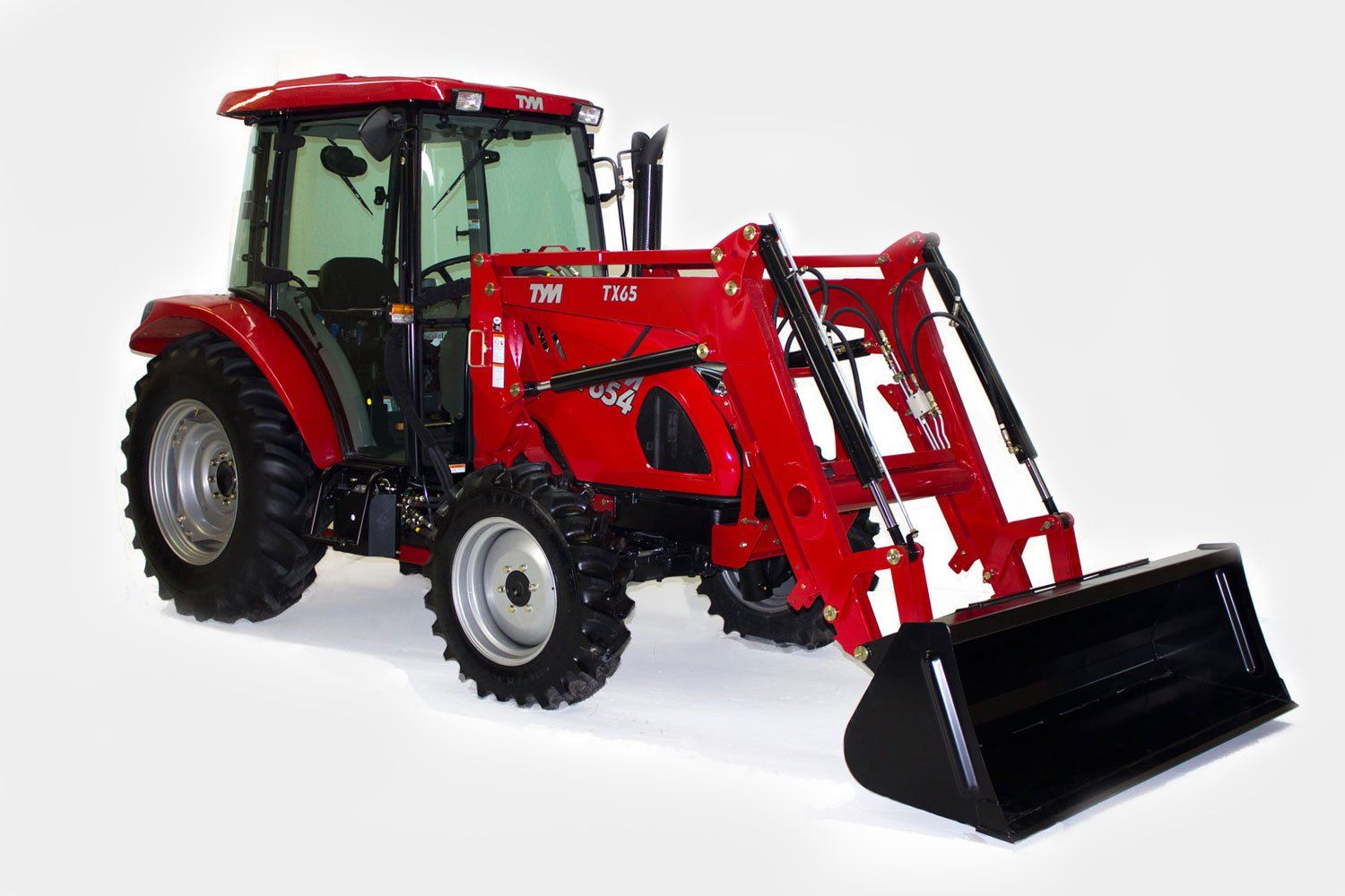 A red tractor with a front loader on a white background.