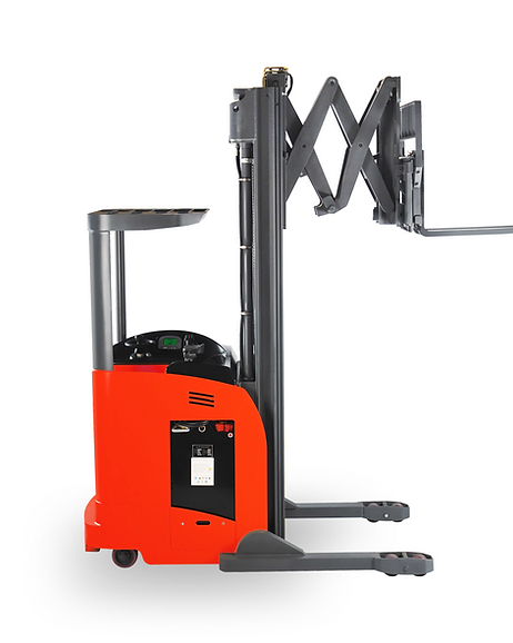 A red forklift with a black fork on a white background