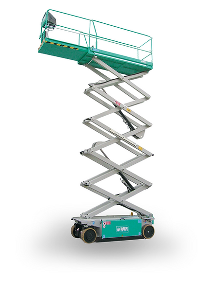 A green scissor lift with wheels on a white background