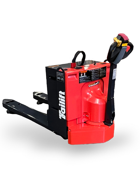 A red and black pallet truck is sitting on a white surface