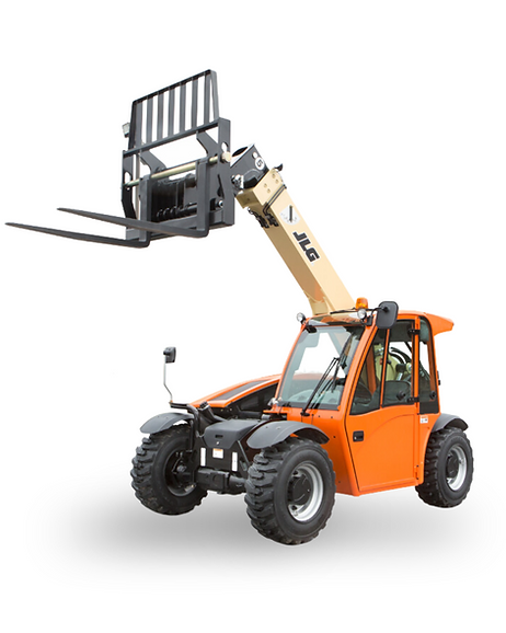 An orange forklift with a forklift attached to it on a white background