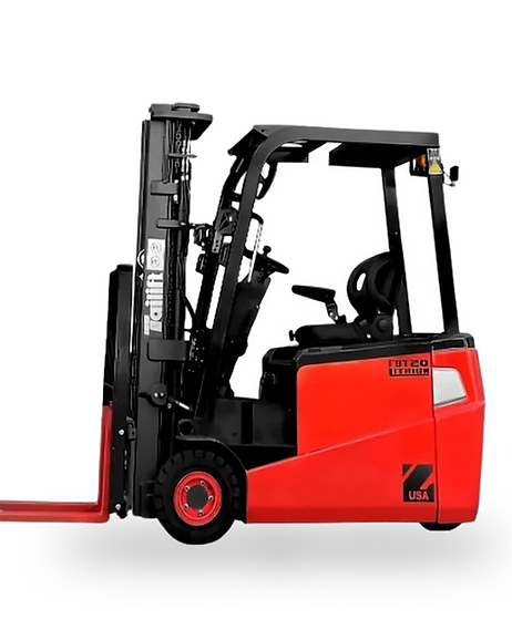 A red forklift is sitting on a white surface