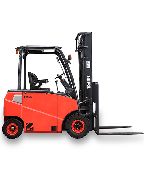 A red forklift is sitting on a white background