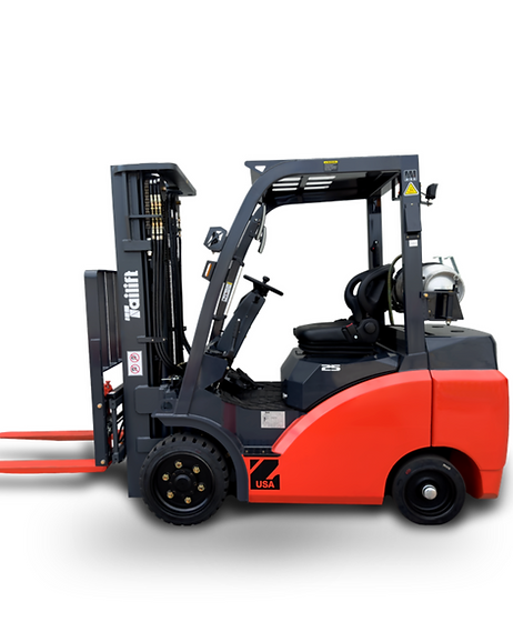A red and black forklift on a white background