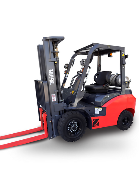 A red and black forklift is sitting on a white surface