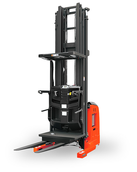 A red and black forklift on a white background